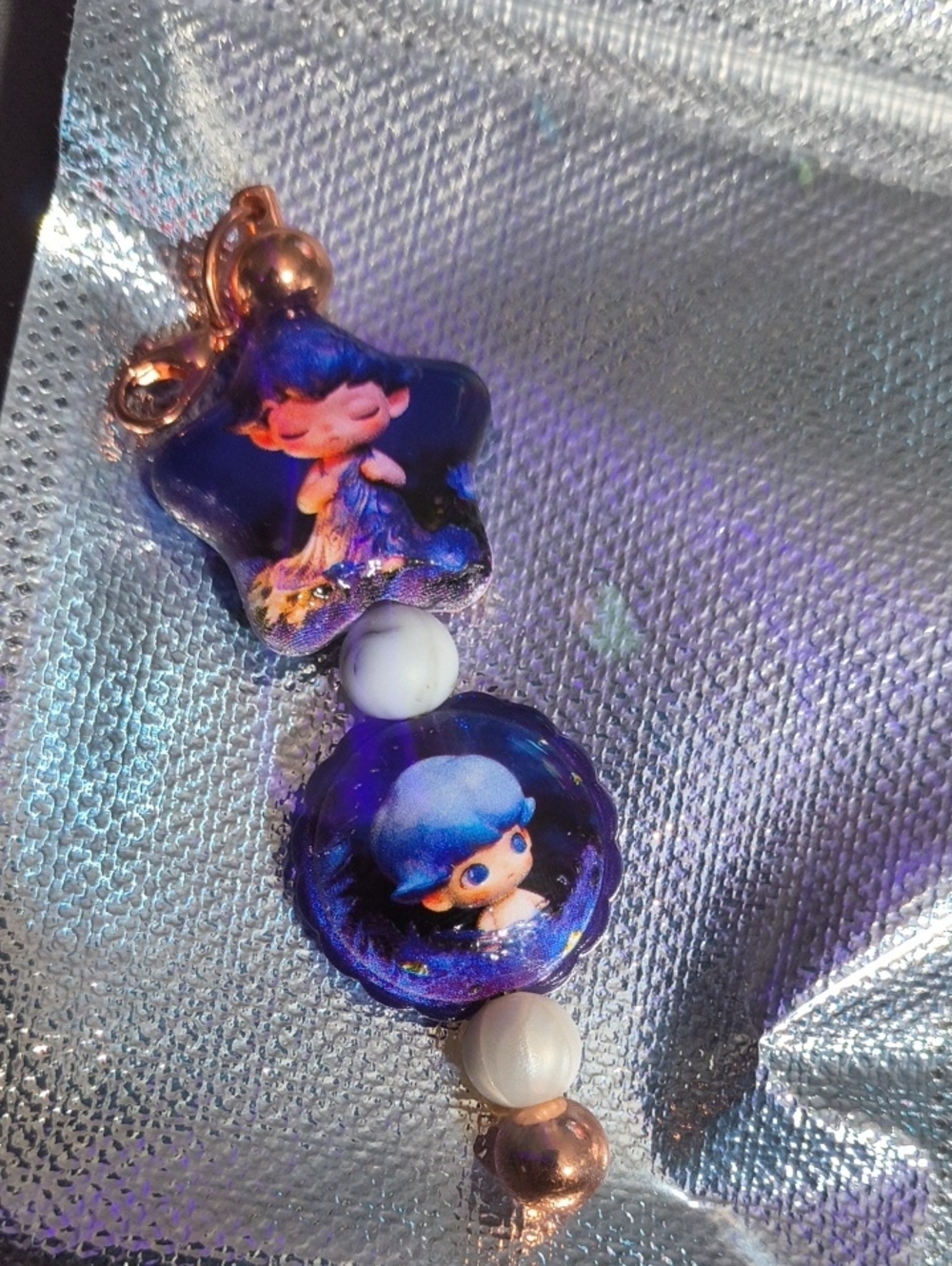 Cute Blue Star & Round Doll Bead Keychain Charm - Blue